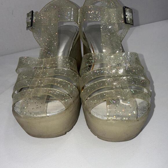 Asos Chunky Y2K 90s Clear Silver Glitter Platform Jelly Heel Clogs Sandals 7 - Picture 10 of 14